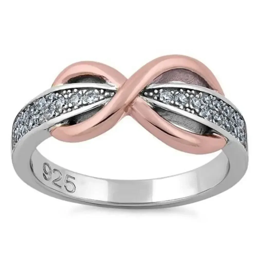 Sterling Silver Two-Tone Rose Gold Infinity Pave CZ Ring Womens Jewelry Size 8